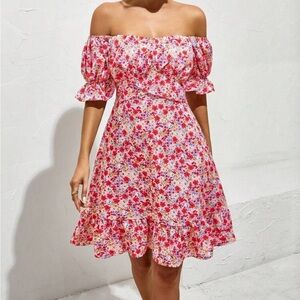 SHEIN Pink Red Floral Off-Shoulder Puff Sleeve Mini Sundress Women’s Size Small